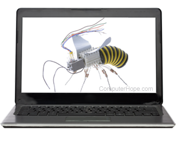 Robotic bug on a laptop screen.