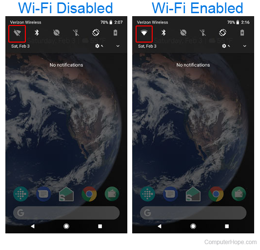 Wi-Fi both enabled and disabled on Android.