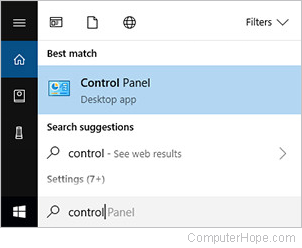 Opening the control panel from the Cortana search bar