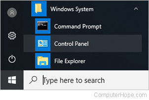 Opening the control panel from the start menu
