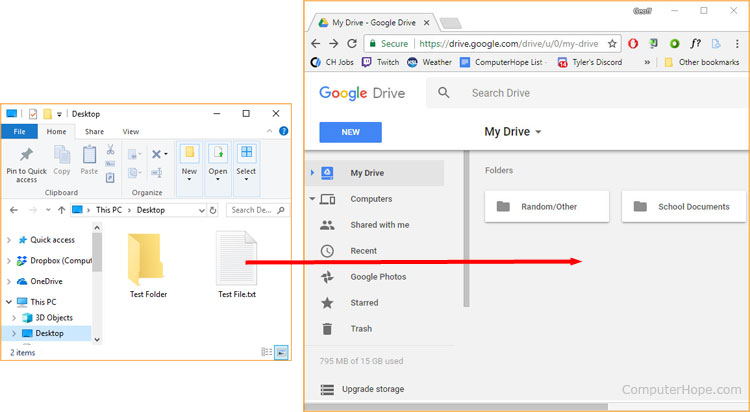 File being dragged and dropped into Google Drive.