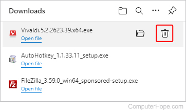 Deleting a single download entry in Edge.