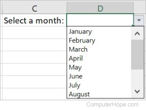 Drop-down list in Microsoft Excel, created by defining the list of values