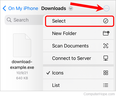 Option to select multiple files in iPhone Files app.