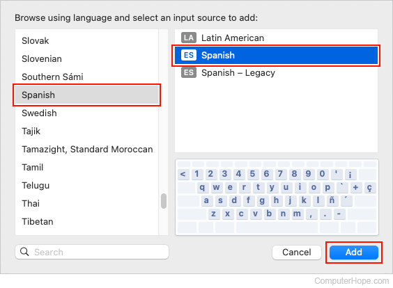 Choosing a keyboard language and input source in macOS.