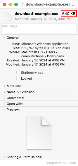 Showing the size of a file in macOS.