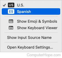 Selecting a different keyboard language in macOS.