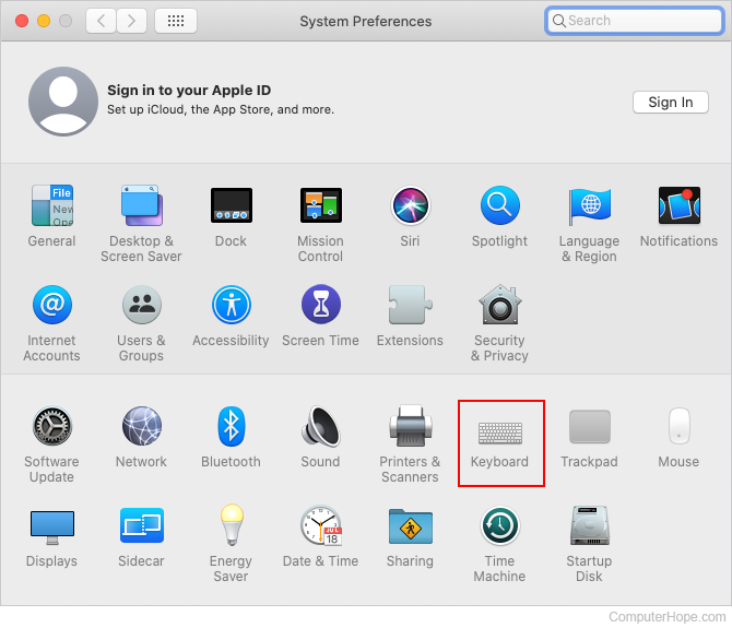 Keyboard selected in Apple System Preferences.