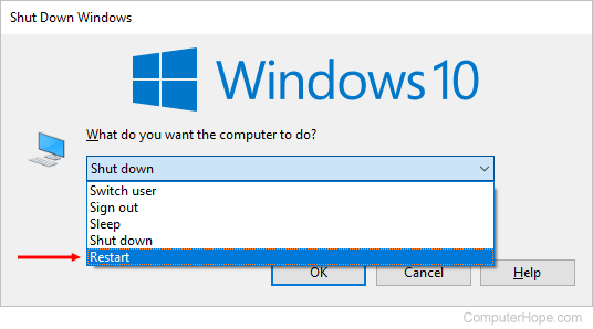 Restarting Windows 10 through the Alt F4 menu.