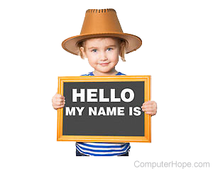Child holding Hello My Name Is sign