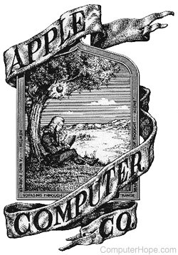 Sir Isaac Newton sitting under an apple tree as Apple Computer Company logo