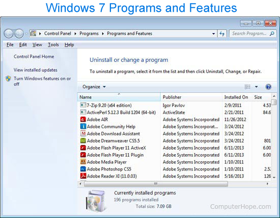Windows 7 Add or remove programs