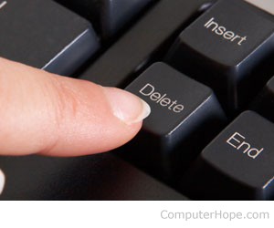Finger pressing the Delete key on a keyboard.