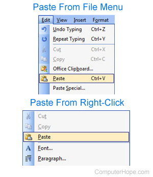 Paste from right-click and file menu.